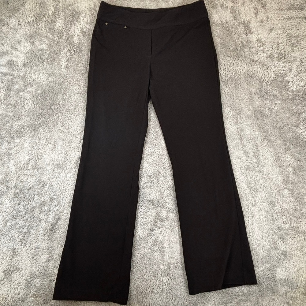 Womens Black Pull On Dress Pants Stretchy Flare Leg Trousers Stud Detail
